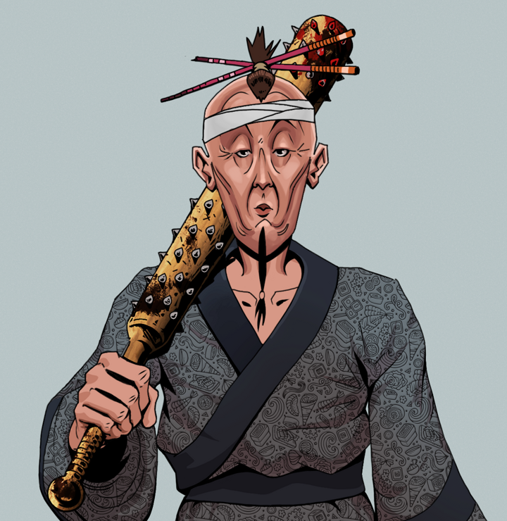 Edmundo — Degen Dojo NFT art (Shirtless Runt, Light Grey, Degens, Sushi Love Loose Kimono, Edmundo, Hair Bun With Chopsticks, Yakuza Club, Mint)