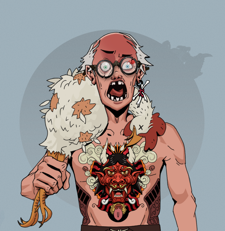 Tokuda — Degen Dojo NFT art (Finger Bones, Grey Mist, Degens, Red Oni Tattoo, Tokuda, Bloodied Glasses, Kung Fu Master, Chicken, Mint)