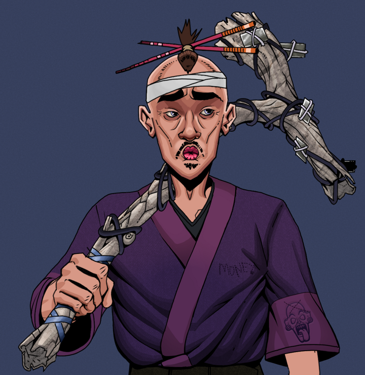 Masumi Steel — Degen Dojo NFT art (Shirtless Runt, Blue Evening, Degens, Money Kimono, Masumi Steel, Hair Bun With Chopsticks, Large Branch, Mint)