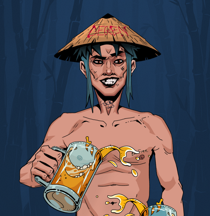 Junichiro — Degen Dojo NFT art (Shirtless Runt, Night Forest, Degens, Nudey Freak, Junichiro, Degen Graffiti Rice Hat, Beer Splash, Mint)