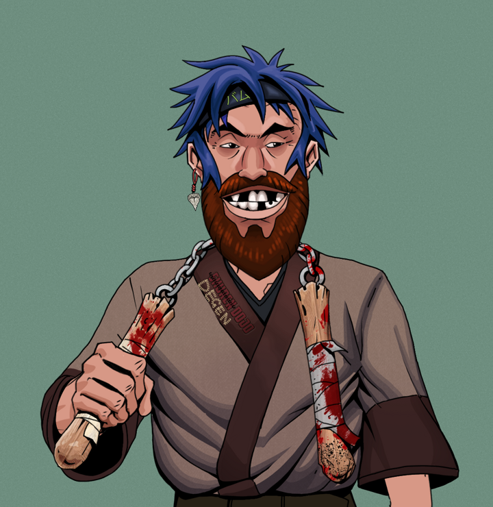 Igor The Bear — Degen Dojo NFT art (Shark Tooth, Olive Green, Degens, Degen Dojo Kimono, Igor The Bear, Shirtless Runt, Bum Headband Ruffian, Bloody Nunchucks, Mint)