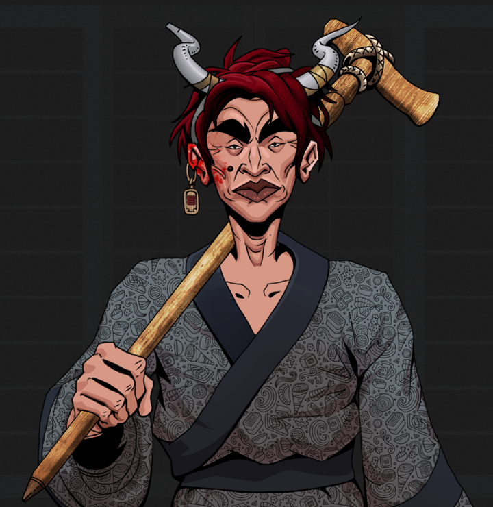 Young Yuji — Degen Dojo NFT art (Dojo Paper Earring, Shoji Night, Degens, Sushi Love Loose Kimono, Young Yuji, Shirtless Runt, Grey Oni Horns, Wooden Walking Cane, Mint)