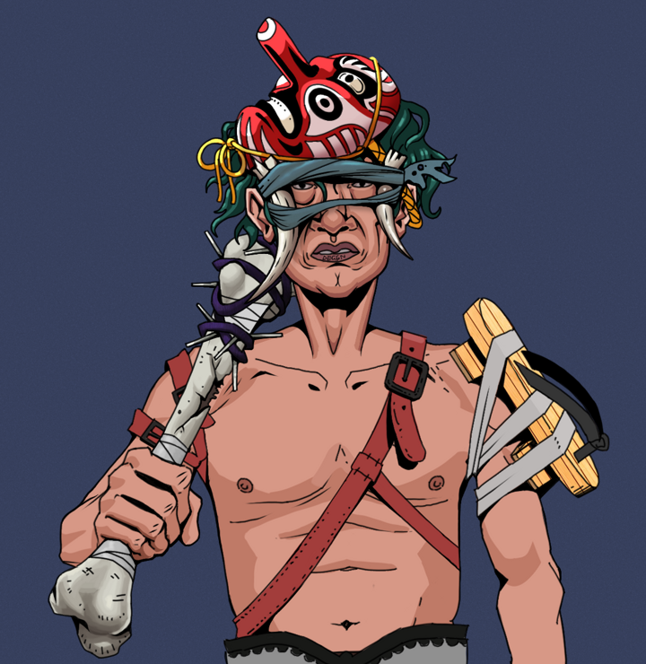 Goro — Degen Dojo NFT art (Shirtless Runt, Blue Evening, Degens, Strap On Geta, Goro, Tied Horns, Tengu Mask, Spiky Femur, Mint)