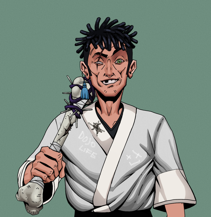 One-Eyed Itsuki — Degen Dojo NFT art (Tassel, Olive Green, Degens, No Honor Kimono, One-Eyed Itsuki, Shirtless Runt, Black Bantu Knots, Spiky Femur, Mint)
