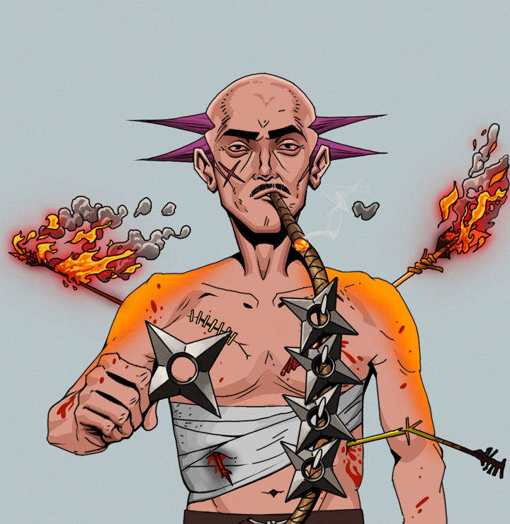 Raikou The Stoner — Degen Dojo NFT art (Shirtless Runt, Light Grey, Degens, Bloody Mess, Raikou The Stoner, Dejen Mohawk, Shuriken Belt, Mint)