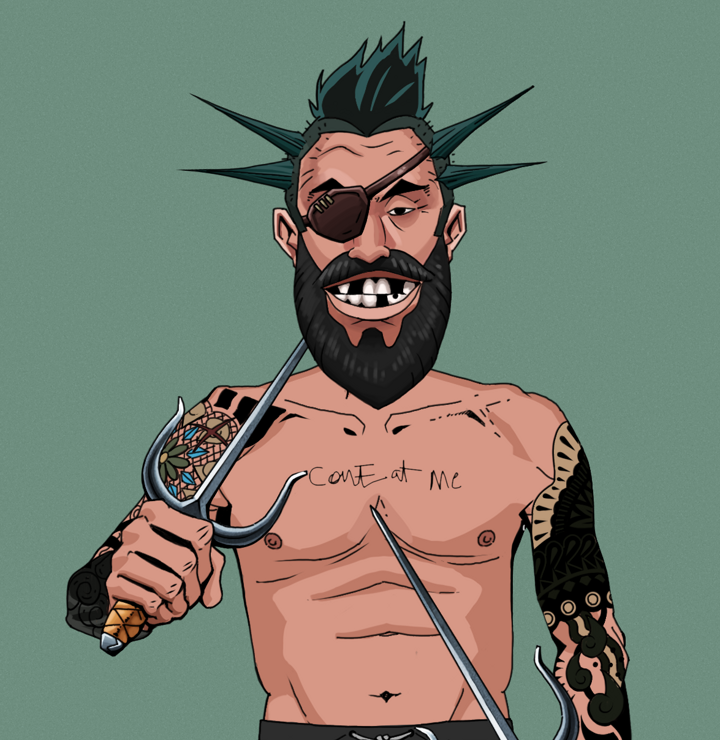 Igor The Veteran — Degen Dojo NFT art (Shirtless Runt, Olive Green, Degens, Black Yakuza Sleeves, Igor The Veteran, Yakuza Ruffian, Dual Sai, Mint)