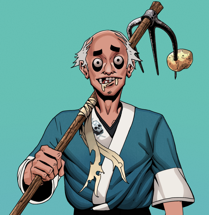 Drooling Azuma — Degen Dojo NFT art (Shirtless Runt, Teal Daytime, Degens, Skull Kimono, Drooling Azuma, Kung Fu Master, Farmers Hoe, Mint)