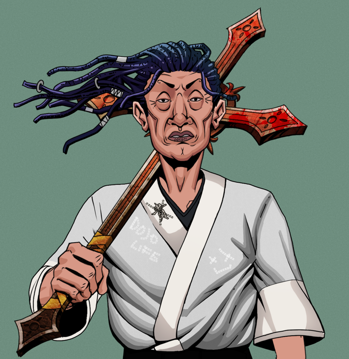 Goro — Degen Dojo NFT art (Shirtless Runt, Olive Green, Degens, No Honor Kimono, Goro, Flowing Dreads, Jesuit Bloody Cross, Mint)