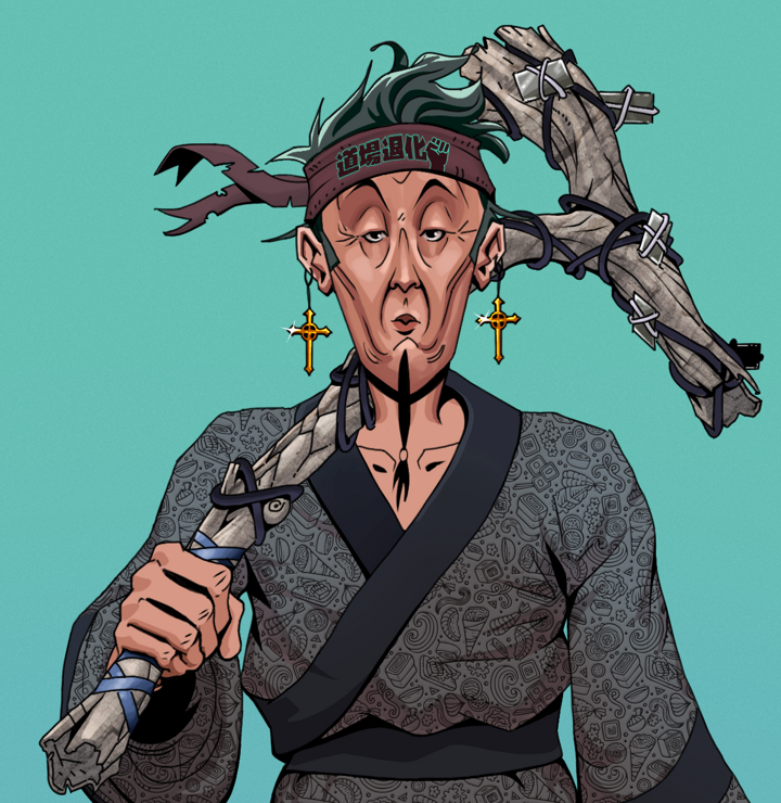 Edmundo — Degen Dojo NFT art (Golden Jesuit Crosses, Teal Daytime, Degens, Sushi Love Loose Kimono, Edmundo, Shirtless Runt, Degen Dojo Headband, Large Branch, Mint)