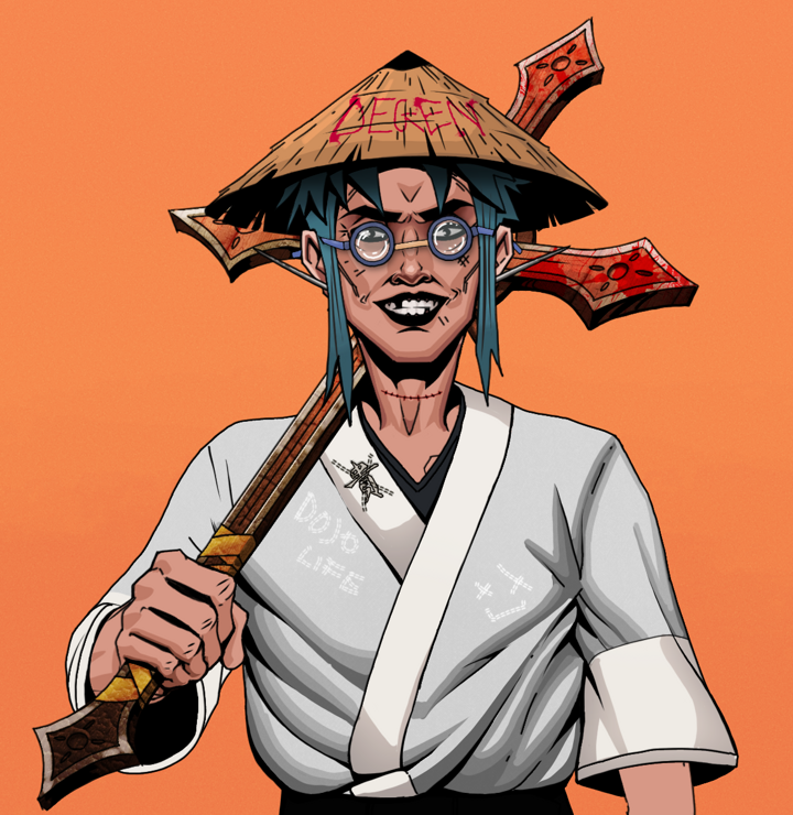 Junichiro Reborn — Degen Dojo NFT art (Nails, Orange Afternoon, Degens, No Honor Kimono, Junichiro Reborn, Spectacles, Degen Graffiti Rice Hat, Jesuit Bloody Cross, Mint)