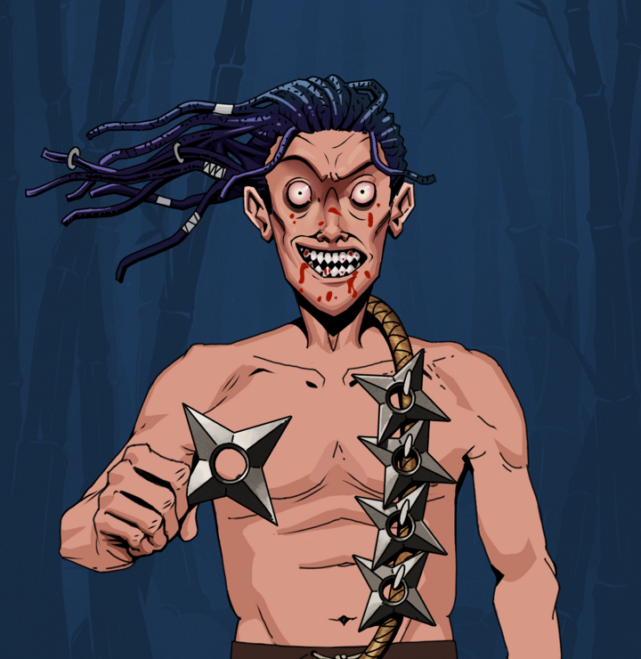 Assassin Fuzen — Degen Dojo NFT art (Shirtless Runt, Night Forest, Degens, Assassin Fuzen, Flowing Dreads, Shuriken Belt, Mint)
