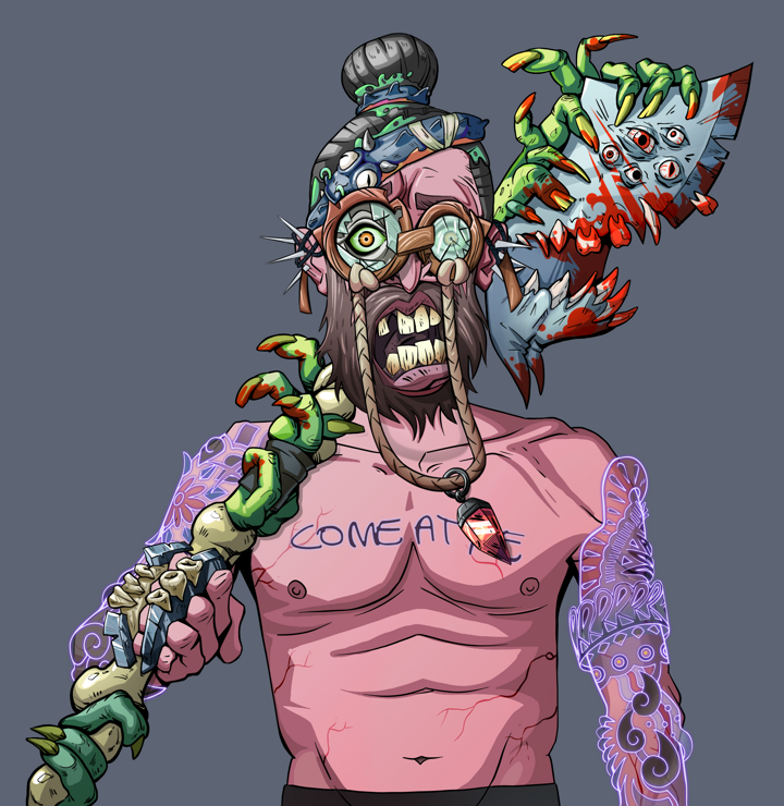 Oleg Of War — Degen Dojo NFT art (Nails, Shoji Night, Demons, Black Yakuza Sleeves, Oleg Of War, Pompous Glasses, Hair Bun, Broken Nagatina, Mint)