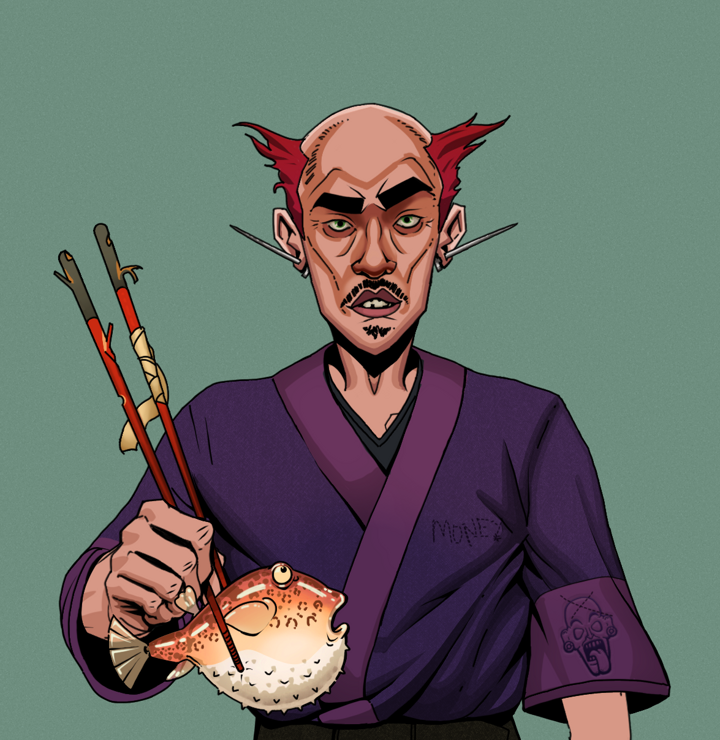 Gloomy Masumi — Degen Dojo NFT art (Nails, Olive Green, Degens, Money Kimono, Gloomy Masumi, Shirtless Runt, Red Heihachi, Frightened Fugu, Mint)