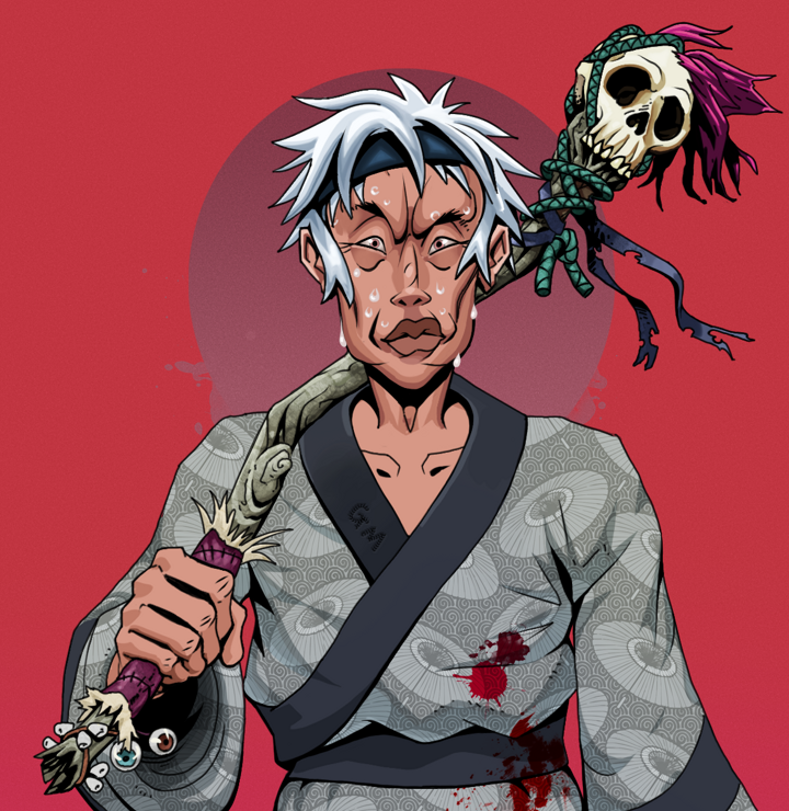Stresshead Rin — Degen Dojo NFT art (Shirtless Runt, Red High Moon, Degens, Loose Parasol Kimono, Stresshead Rin, White Ruffian, Shaman Skull Staff, Mint)