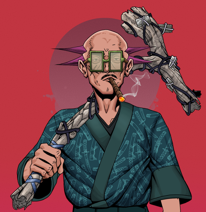 Raikou The Stoner — Degen Dojo NFT art (Shirtless Runt, Red High Moon, Degens, Katanajamas Kimono, Raikou The Stoner, Shoji Glasses, Dejen Mohawk, Large Branch, Mint)