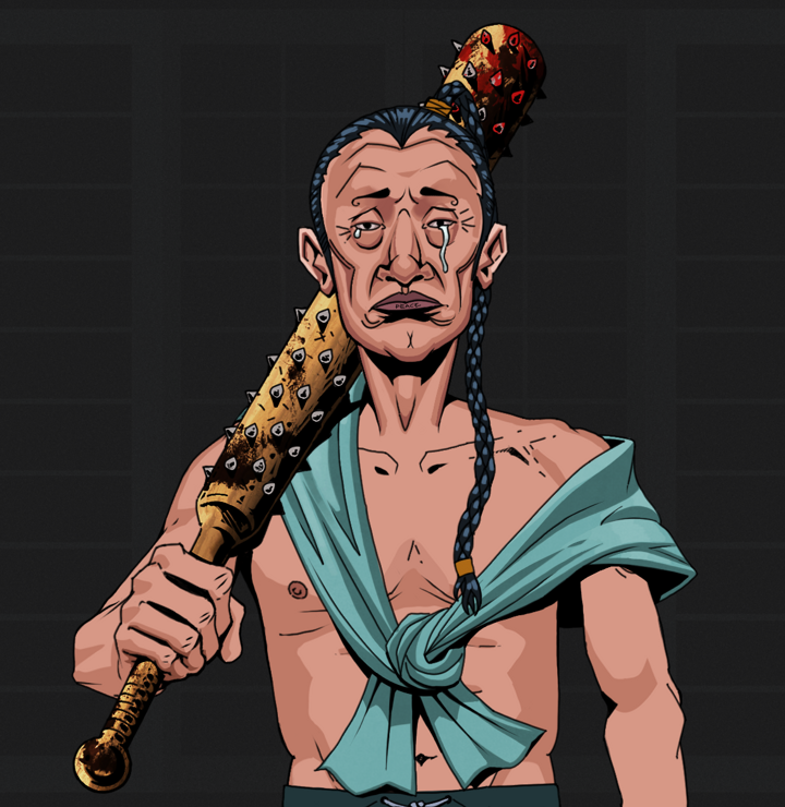 Teary Goro — Degen Dojo NFT art (Shirtless Runt, Shoji Night, Degens, Queeny Chic, Teary Goro, Braided Samurai Ponytail, Yakuza Club, Mint)