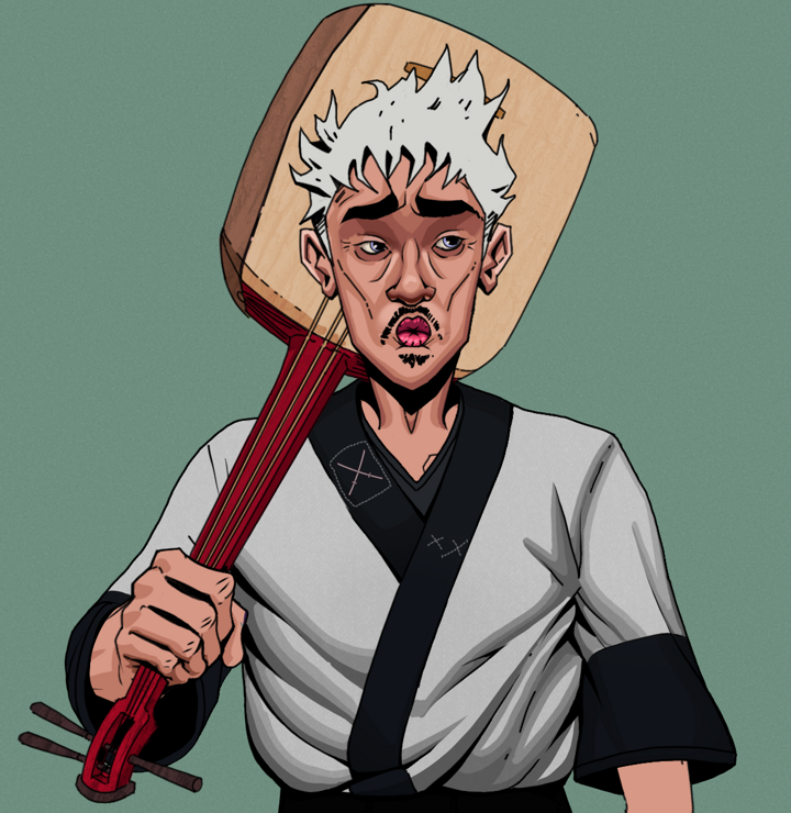 Masumi Steel — Degen Dojo NFT art (Shirtless Runt, Olive Green, Degens, Katana Kimono, Masumi Steel, Short Spiky Grey, Shamisen, Mint)