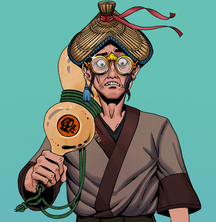 Shitless Botan — Degen Dojo NFT art (Tassel, Teal Daytime, Degens, Degen Dojo Kimono, Shitless Botan, Golden Glasses, High Straw Rice Hat, Giant Sake Bottle, Mint)