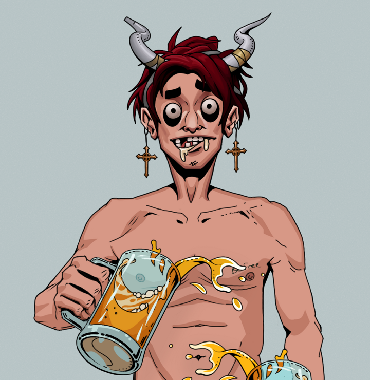 Drooling Azuma — Degen Dojo NFT art (Jesuit Crosses, Light Grey, Degens, Nudey Freak, Drooling Azuma, Shirtless Runt, Grey Oni Horns, Beer Splash, Mint)