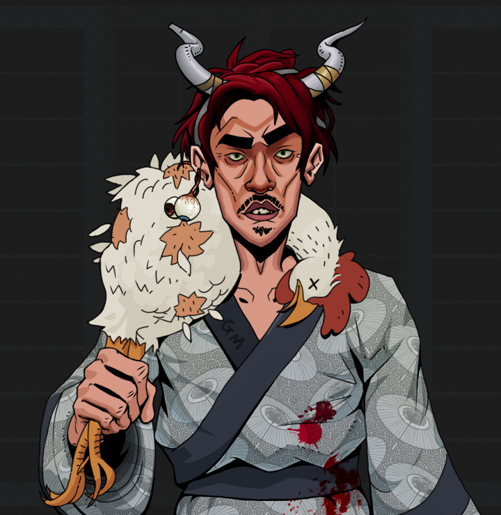 Gloomy Masumi — Degen Dojo NFT art (Shaman Eyes, Shoji Night, Degens, Loose Parasol Kimono, Gloomy Masumi, Shirtless Runt, Grey Oni Horns, Chicken, Mint)