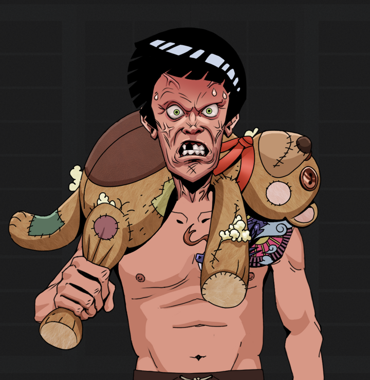 Angry Ikari — Degen Dojo NFT art (Shirtless Runt, Shoji Night, Degens, Dragon Head Tattoo, Angry Ikari, Rock Lee, Teddy Bear, Mint)