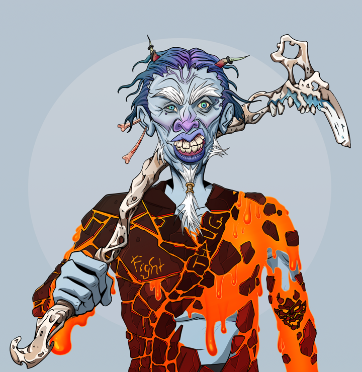 Yuji The Wise — Degen Dojo NFT art (Chicken Bones, Grey Mist, Demons, Red Oni Kimono, Yuji The Wise, Shirtless Runt, Wavy, Artisan Walking Cane, Mint)