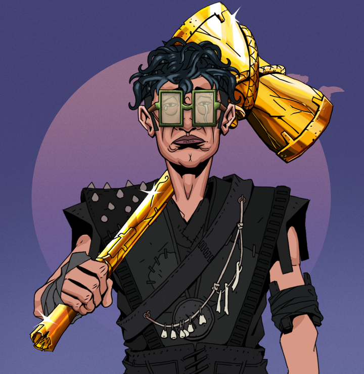 Teary Goro — Degen Dojo NFT art (Shirtless Runt, Purple Night, Degens, Warlock Wannabe, Teary Goro, Shoji Glasses, Messy, Golden Warhammer, Mint)