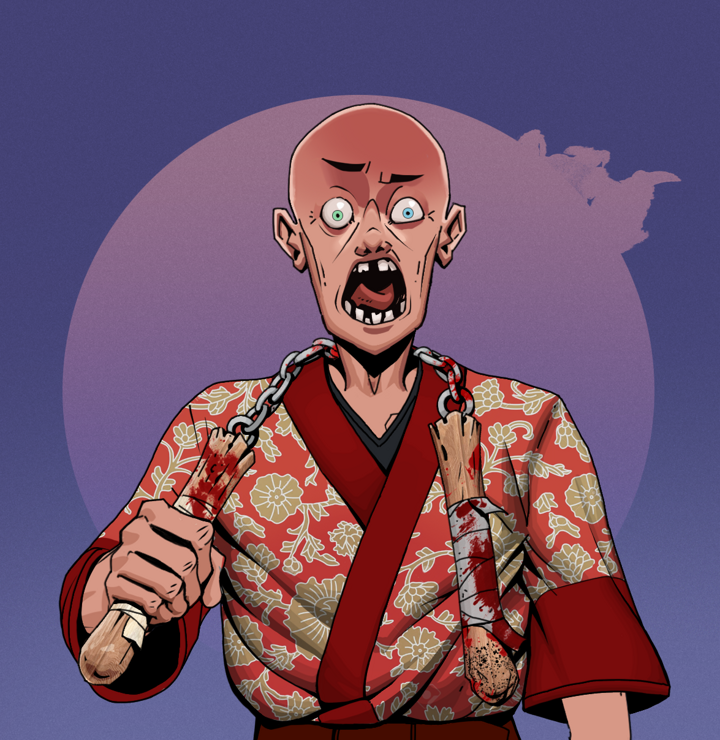 Tokuda — Degen Dojo NFT art (Shirtless Runt, Purple Night, Degens, Silken Sunflower Kimono, Tokuda, Bald, Bloody Nunchucks, Mint)