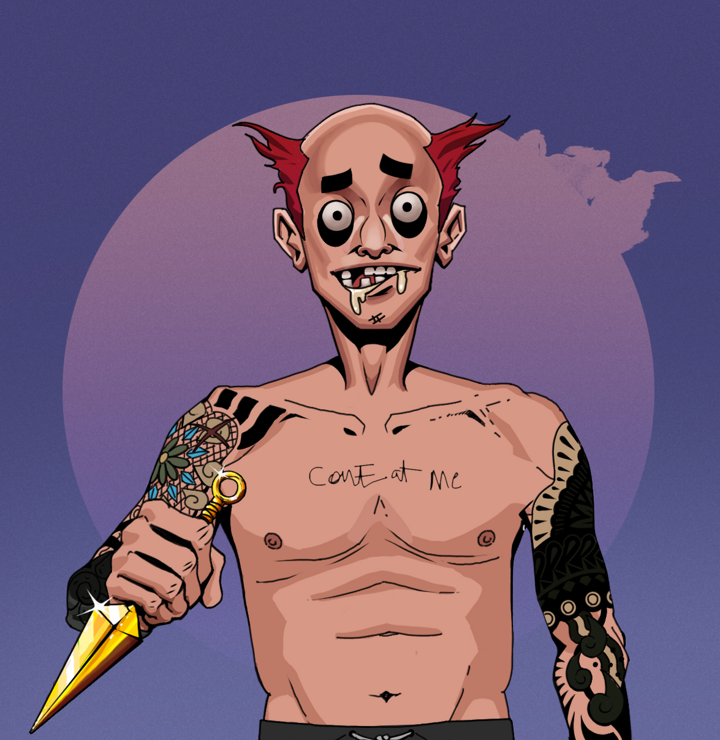Drooling Azuma — Degen Dojo NFT art (Shirtless Runt, Purple Night, Degens, Black Yakuza Sleeves, Drooling Azuma, Red Heihachi, Golden Kunai, Mint)