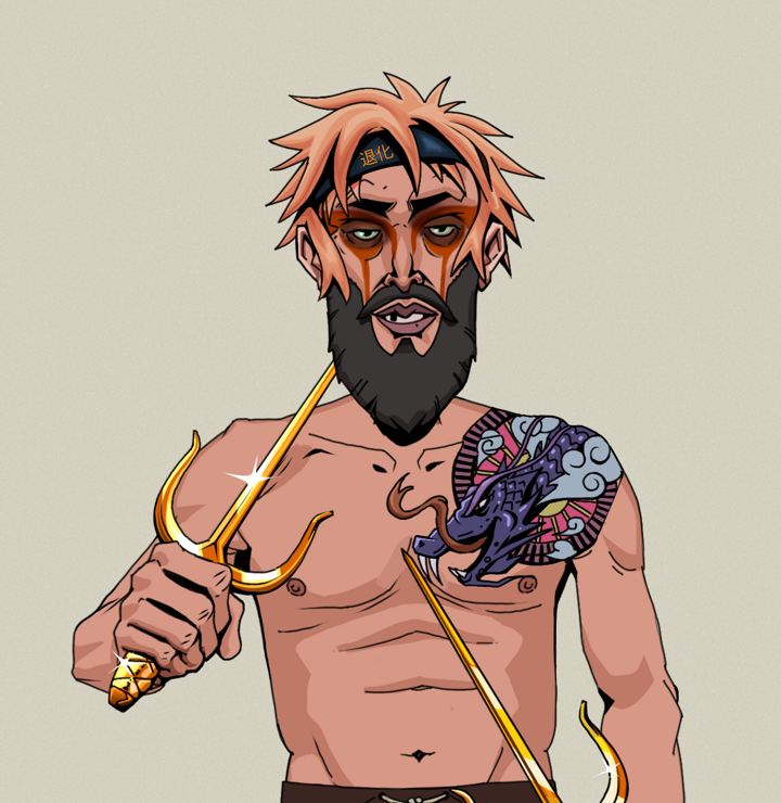 Oleg Of War — Degen Dojo NFT art (Shirtless Runt, Warm Grey, Degens, Dragon Head Tattoo, Oleg Of War, Tiger Headband Ruffian, Golden Sai, Mint)