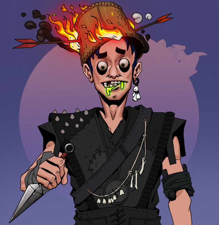 Toxic Azuma — Degen Dojo NFT art (Foes Teeth, Purple Night, Degens, Warlock Wannabe, Toxic Azuma, Shirtless Runt, Burning Basket, Kunai, Mint)