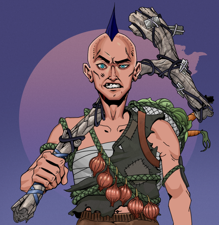 Akuma — Degen Dojo NFT art (Shirtless Runt, Purple Night, Degens, Farmer, Akuma, Mohawk Spike, Large Branch, Mint)