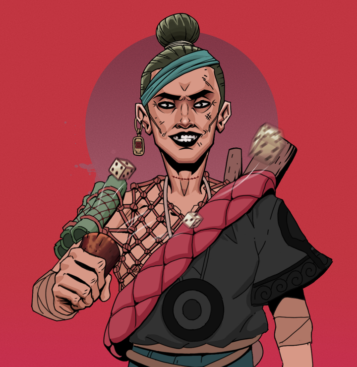 Junichiro Reborn — Degen Dojo NFT art (Dojo Paper Earring, Red High Moon, Degens, Village Leader, Junichiro Reborn, Shirtless Runt, Hair Bun, Chō-Han Gambling Dice, Mint)