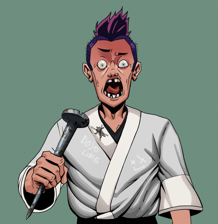 Tokuda — Degen Dojo NFT art (Shirtless Runt, Olive Green, Degens, No Honor Kimono, Tokuda, Yakuza Hooligan, Rusty Nail, Mint)