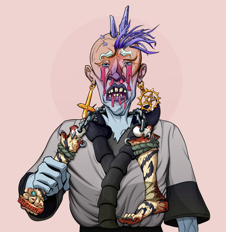 Teary Goro — Degen Dojo NFT art (Golden Jesuit Crosses, Red High Moon, Demons, Katana Kimono, Teary Goro, Shirtless Runt, Yakuza Ruffian, Bloody Nunchucks, Mint)