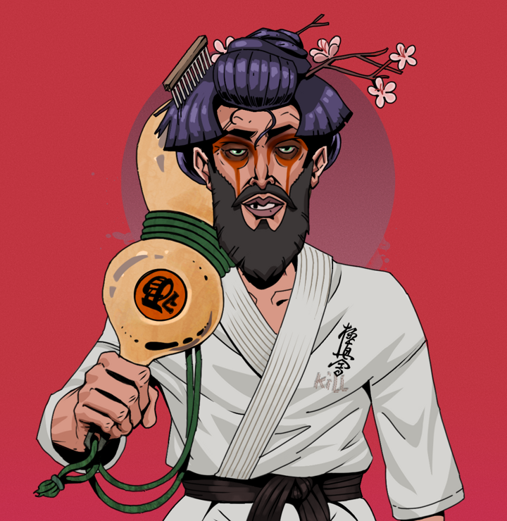 Oleg Of War — Degen Dojo NFT art (Shirtless Runt, Red High Moon, Degens, Student Gi, Oleg Of War, Disheveled Geisha, Giant Sake Bottle, Mint)