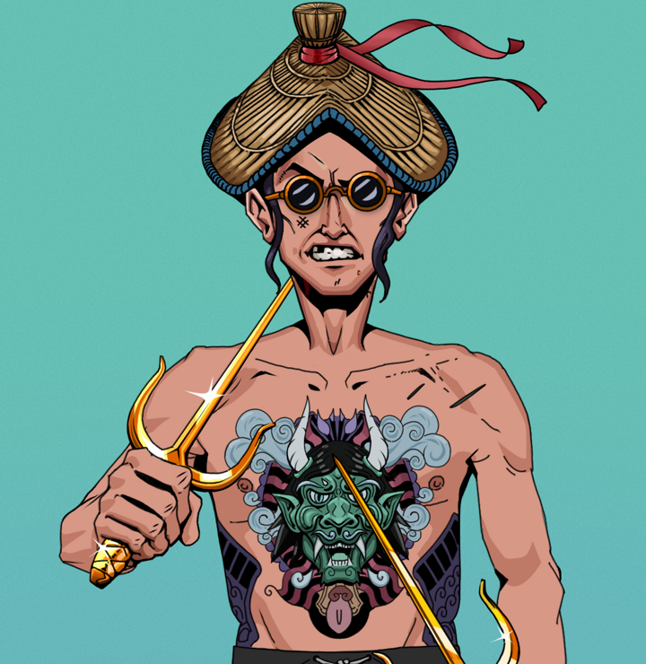 Akuma — Degen Dojo NFT art (Shirtless Runt, Teal Daytime, Degens, Blue Oni Tattoo, Akuma, Dark Spectacles, High Straw Rice Hat, Golden Sai, Mint)
