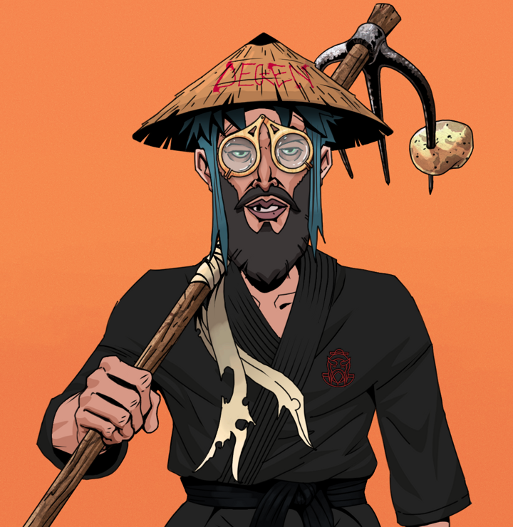 Serious Oleg — Degen Dojo NFT art (Shirtless Runt, Orange Afternoon, Degens, Master Black Gi, Serious Oleg, Pocket Glasses, Degen Graffiti Rice Hat, Farmers Hoe, Mint)