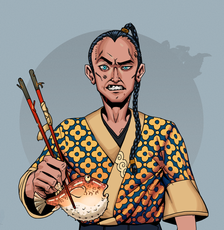 Akuma — Degen Dojo NFT art (Shirtless Runt, Grey Mist, Degens, Yellow Flowers Silk Kimono, Akuma, Braided Samurai Ponytail, Frightened Fugu, Mint)