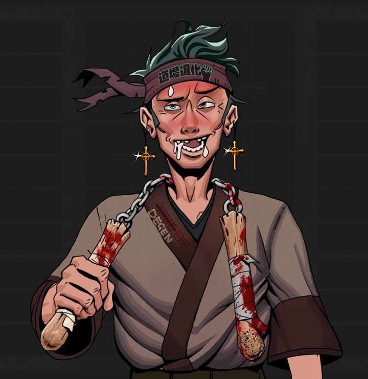 Yuuki — Degen Dojo NFT art (Golden Jesuit Crosses, Shoji Night, Degens, Degen Dojo Kimono, Yuuki, Shirtless Runt, Degen Dojo Headband, Bloody Nunchucks, Mint)