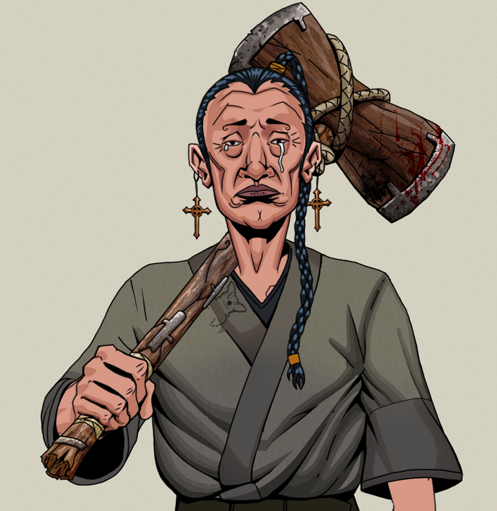 Teary Goro — Degen Dojo NFT art (Jesuit Crosses, Warm Grey, Degens, Puppy Kimono, Teary Goro, Shirtless Runt, Braided Samurai Ponytail, Wooden Warhammer, Mint)