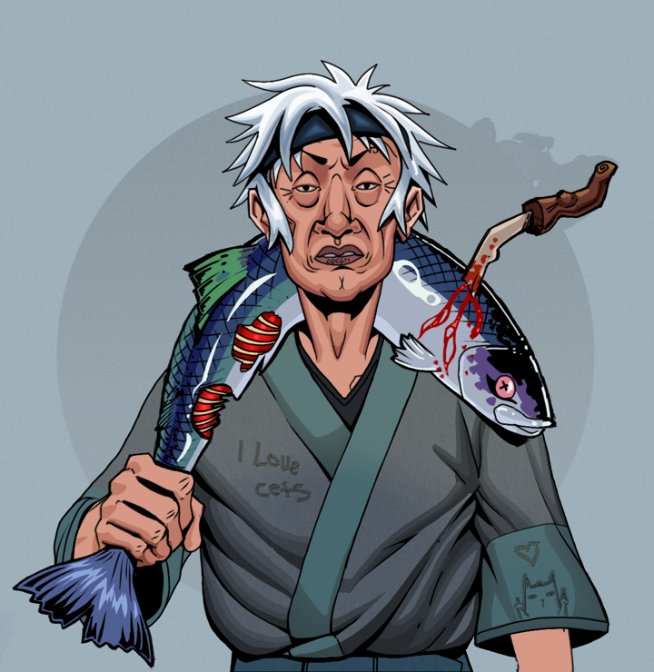 Goro — Degen Dojo NFT art (Shirtless Runt, Grey Mist, Degens, Cet Kimono, Goro, White Ruffian, Dead Fish, Mint)