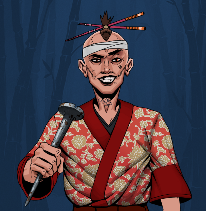 Junichiro — Degen Dojo NFT art (Shirtless Runt, Night Forest, Degens, Silken Sunflower Kimono, Junichiro, Hair Bun With Chopsticks, Rusty Nail, Mint)