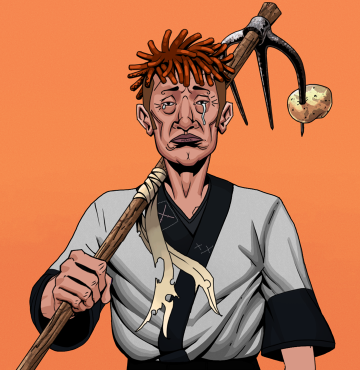 Teary Goro — Degen Dojo NFT art (Shirtless Runt, Orange Afternoon, Degens, Katana Kimono, Teary Goro, Orange Bantu Knots, Farmers Hoe, Mint)