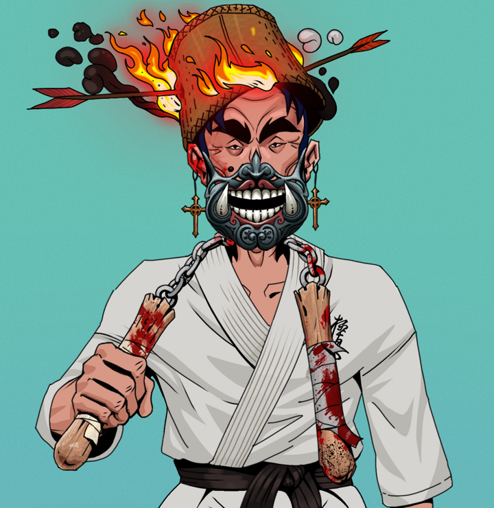 Young Yuji — Degen Dojo NFT art (Jesuit Crosses, Teal Daytime, Degens, Student Gi, Young Yuji, Hannya Half Mask, Burning Basket, Bloody Nunchucks, Mint)