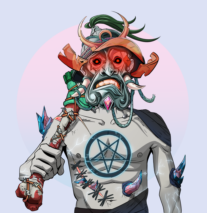 Junichiro — Degen Dojo NFT art (Shirtless Runt, Purple Night, Demons, Recovering Alcoholic, Junichiro, Tatami Kabuto, Spiky Femur, Mint)