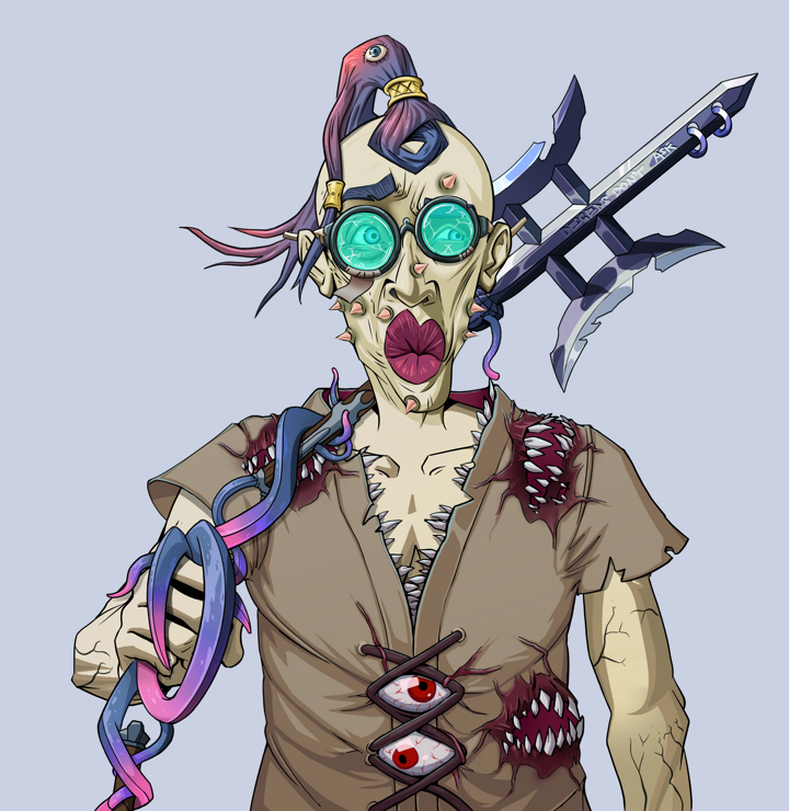 Masumi Steel — Degen Dojo NFT art (Shirtless Runt, Blue Evening, Demons, Rice Sack Rags, Masumi Steel, Bloodied Glasses, Dejen Samurai, Bishamon Yari, Mint)