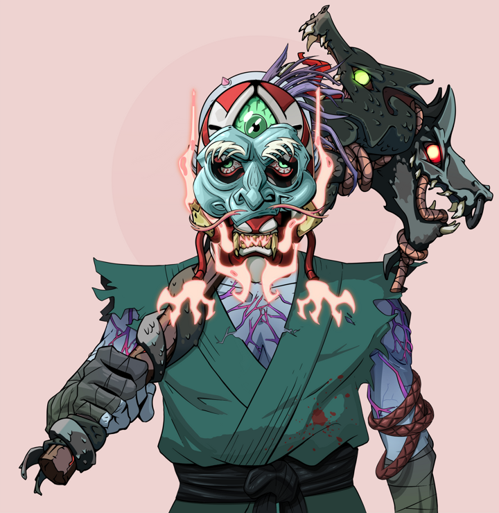 Shitless Botan — Degen Dojo NFT art (Shirtless Runt, Red High Moon, Demons, Fight Gi, Shitless Botan, Kitsune Mask, Yakuza Hooligan, Wooden Warhammer, Mint)