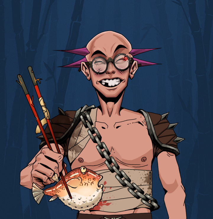 Cheery Haru — Degen Dojo NFT art (Shirtless Runt, Night Forest, Degens, Mercenary, Cheery Haru, Bloodied Glasses, Dejen Mohawk, Frightened Fugu, Mint)