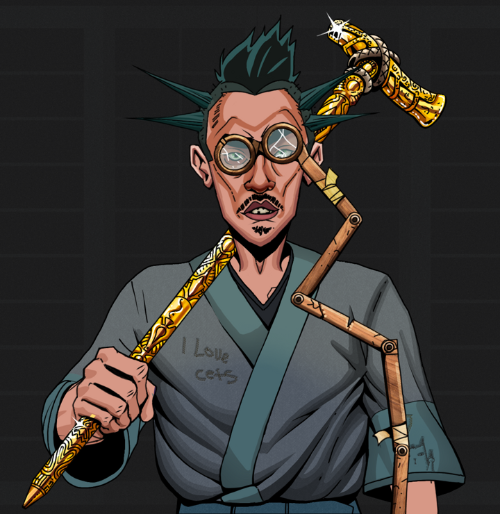 Gloomy Masumi — Degen Dojo NFT art (Shirtless Runt, Shoji Night, Degens, Cet Kimono, Gloomy Masumi, Telescopic Glasses, Yakuza Ruffian, Golden Walking Cane, Mint)